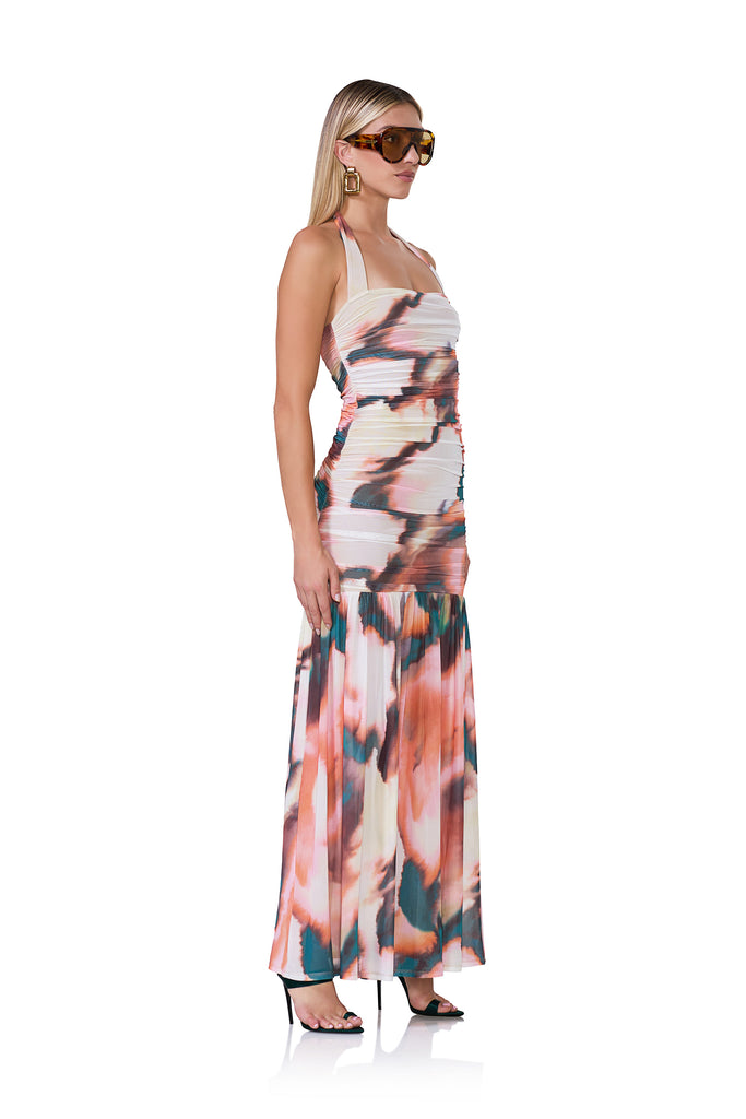 women's maxi length ruched dress with halter neckline in spice watercolor print