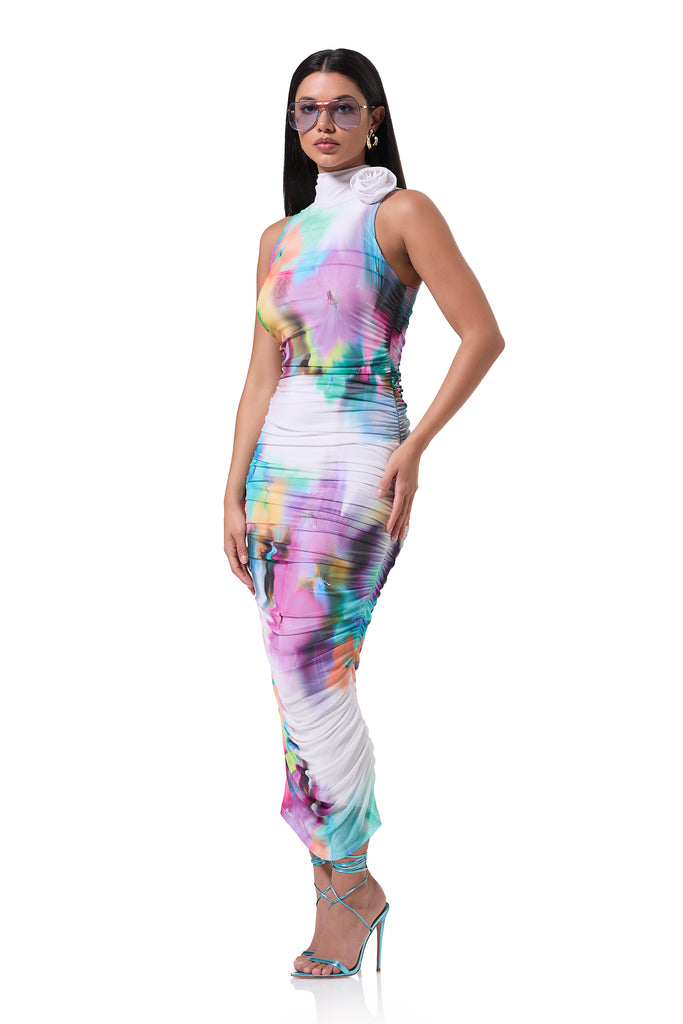 women's mesh midi length turtleneck dress with fitted silhouette in blur pansy print