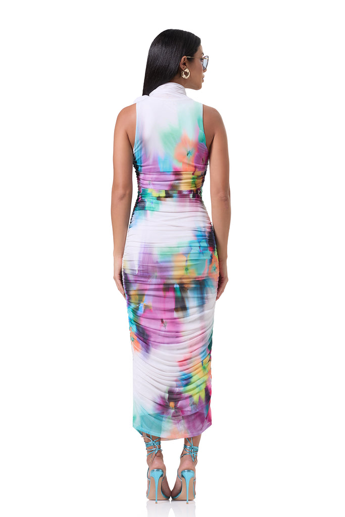 women's mesh midi length turtleneck dress with fitted silhouette in blur pansy print