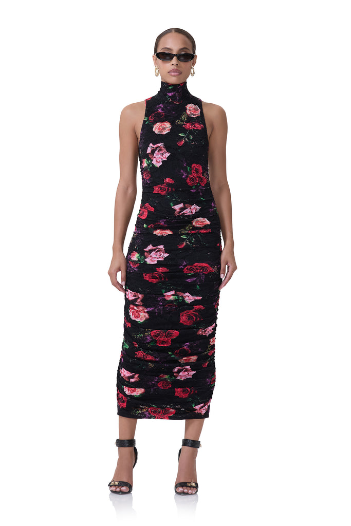 women's mesh midi length turtleneck dress with fitted silhouette in crochet lace and mixed rose print