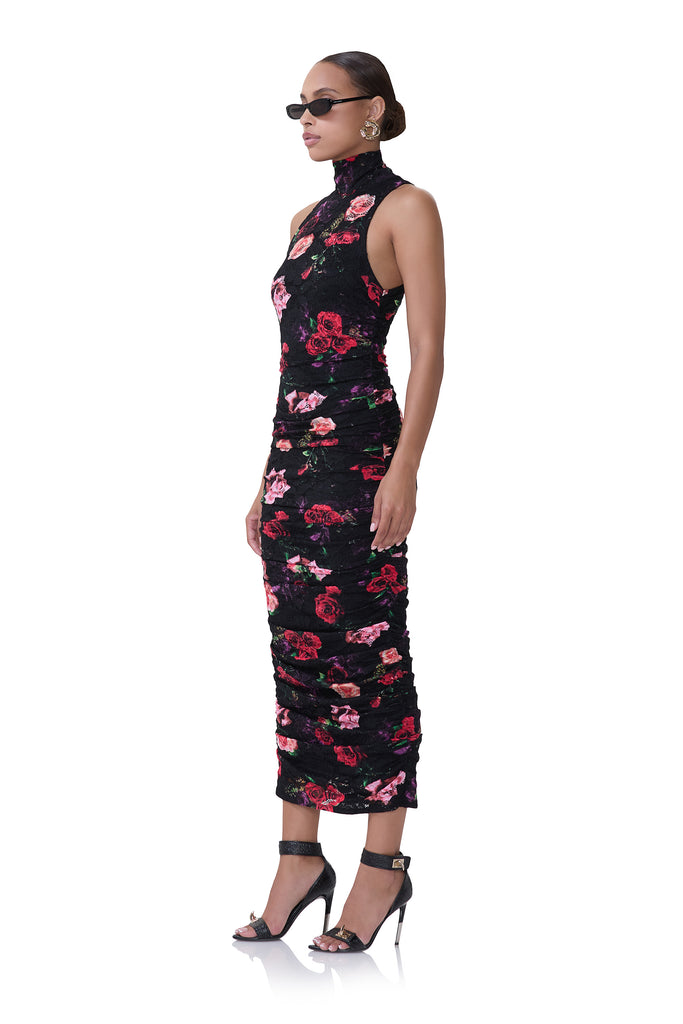 women's mesh midi length turtleneck dress with fitted silhouette in crochet lace and mixed rose print