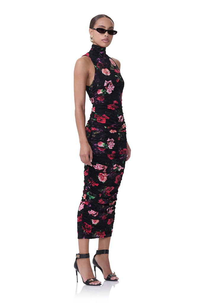 women's mesh midi length turtleneck dress with fitted silhouette in crochet lace and mixed rose print