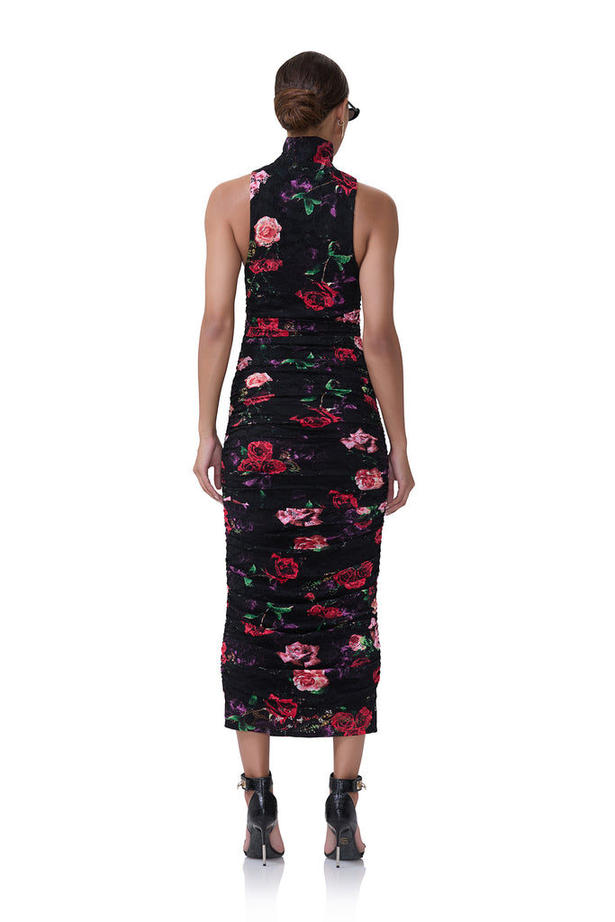 women's mesh midi length turtleneck dress with fitted silhouette in crochet lace and mixed rose print