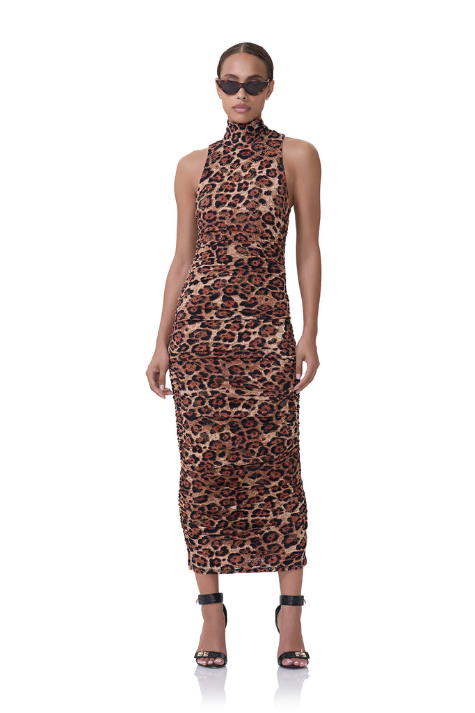 women's mesh midi length turtleneck dress with fitted silhouette in crochet lace and cocoa leopard print