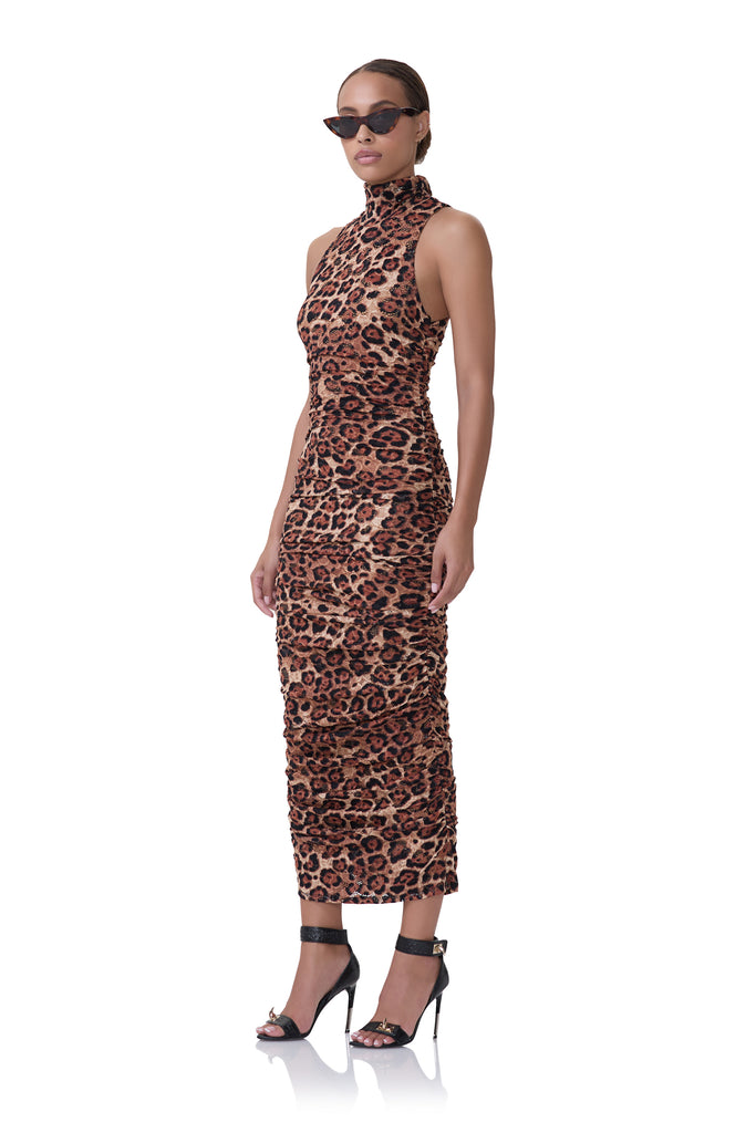 women's mesh midi length turtleneck dress with fitted silhouette in crochet lace and cocoa leopard print