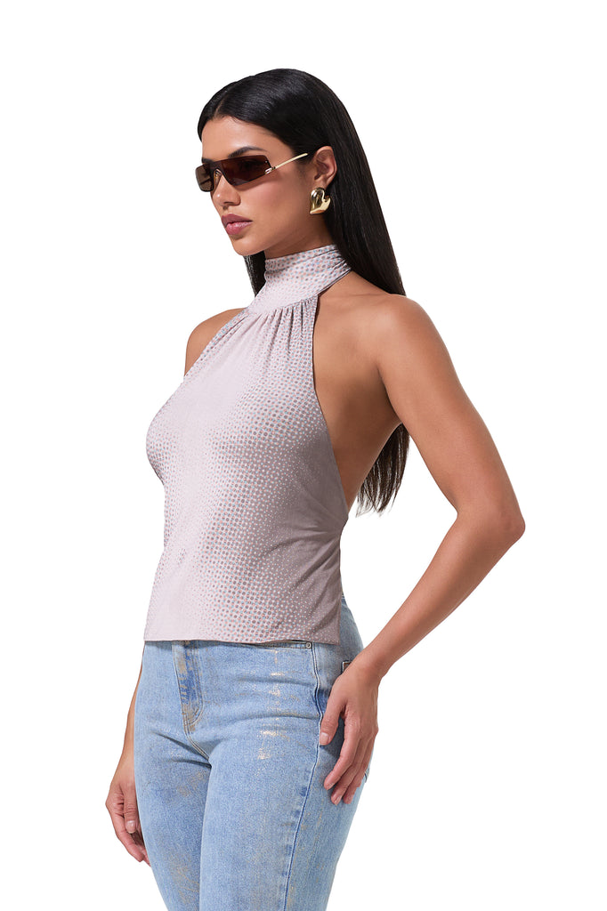 women's halter shape top with adjustable tie back in nude illusion print