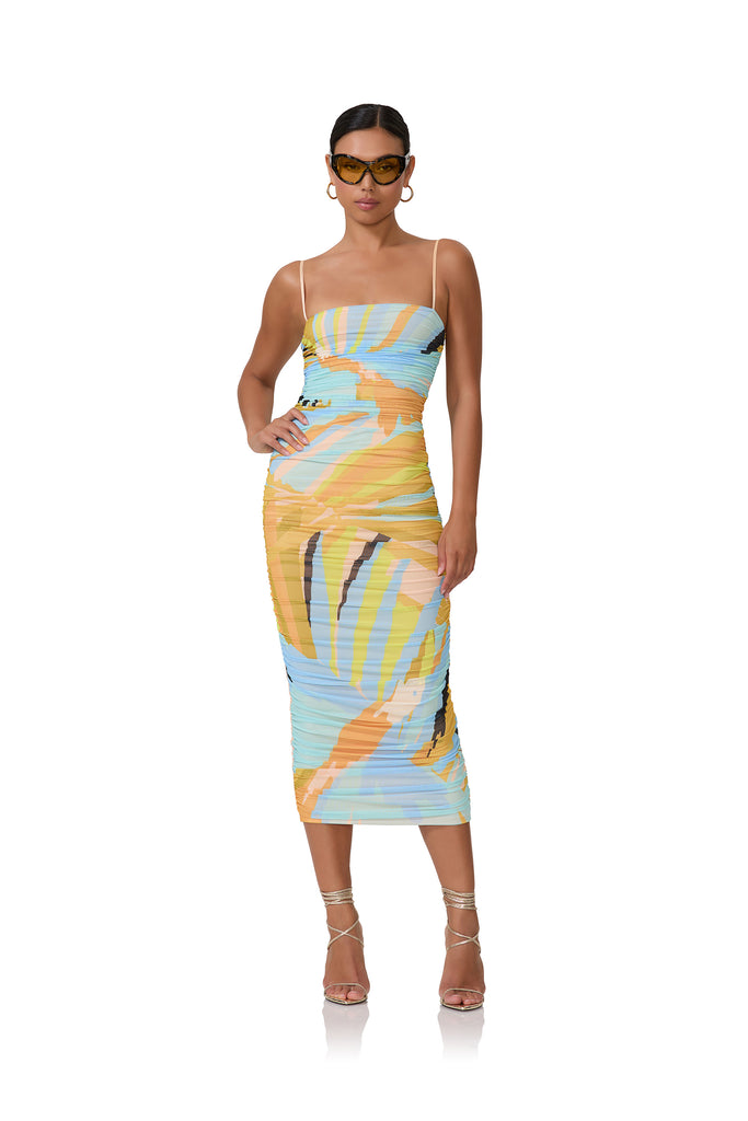 women's fitted mesh knit midi length dress with all over ruching and adjustable straps in bird of paradise print