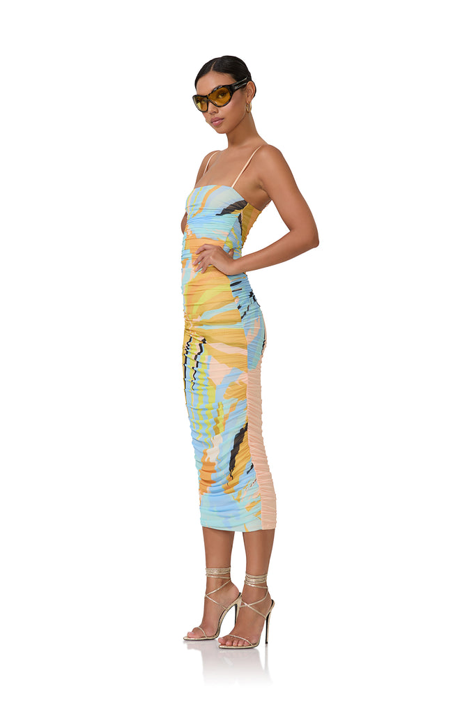 women's fitted mesh knit midi length dress with all over ruching and adjustable straps in bird of paradise print