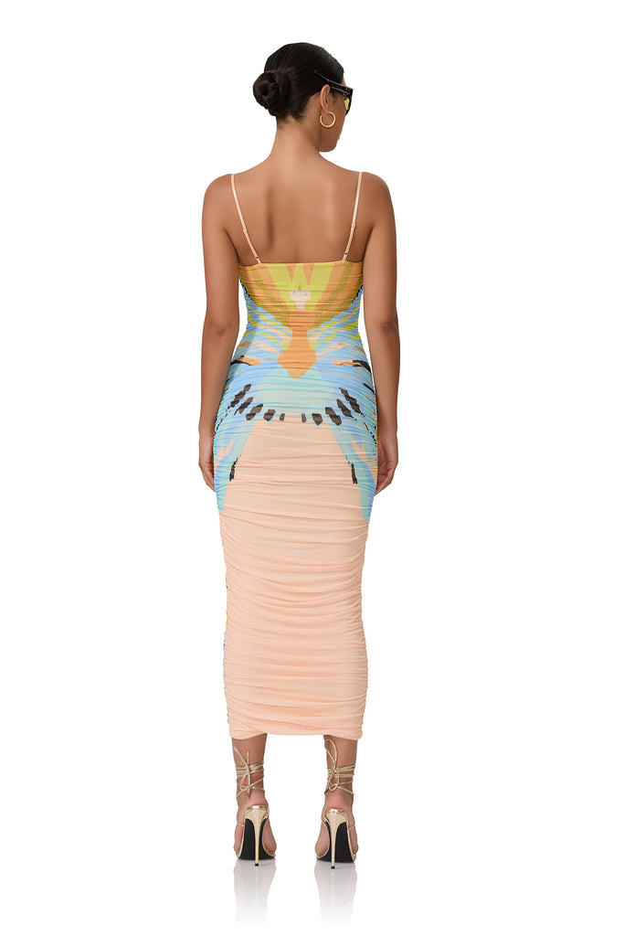 women's fitted mesh knit midi length dress with all over ruching and adjustable straps in bird of paradise print