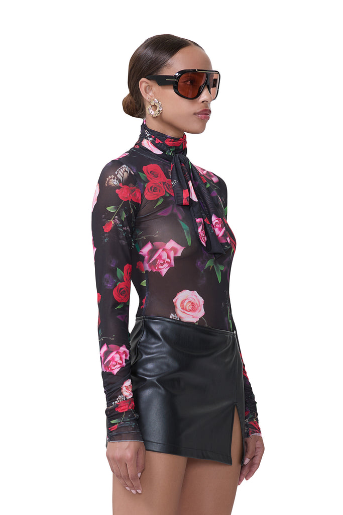 women's sheer long sleeve top with adjustable self neck tie and ruched sleeves in mixed rose print