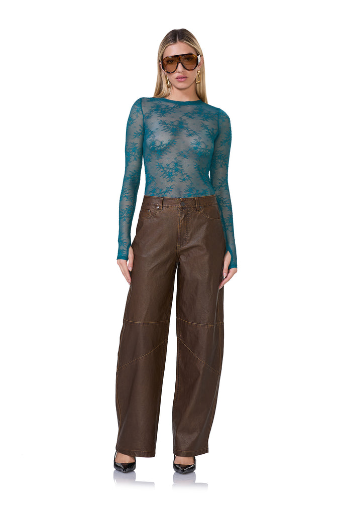 women's lace sheer crew neck long sleeve top in spruce