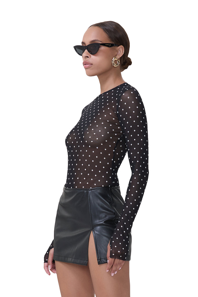 women's crew neck sheer mesh long sleeve top in noir dot print 