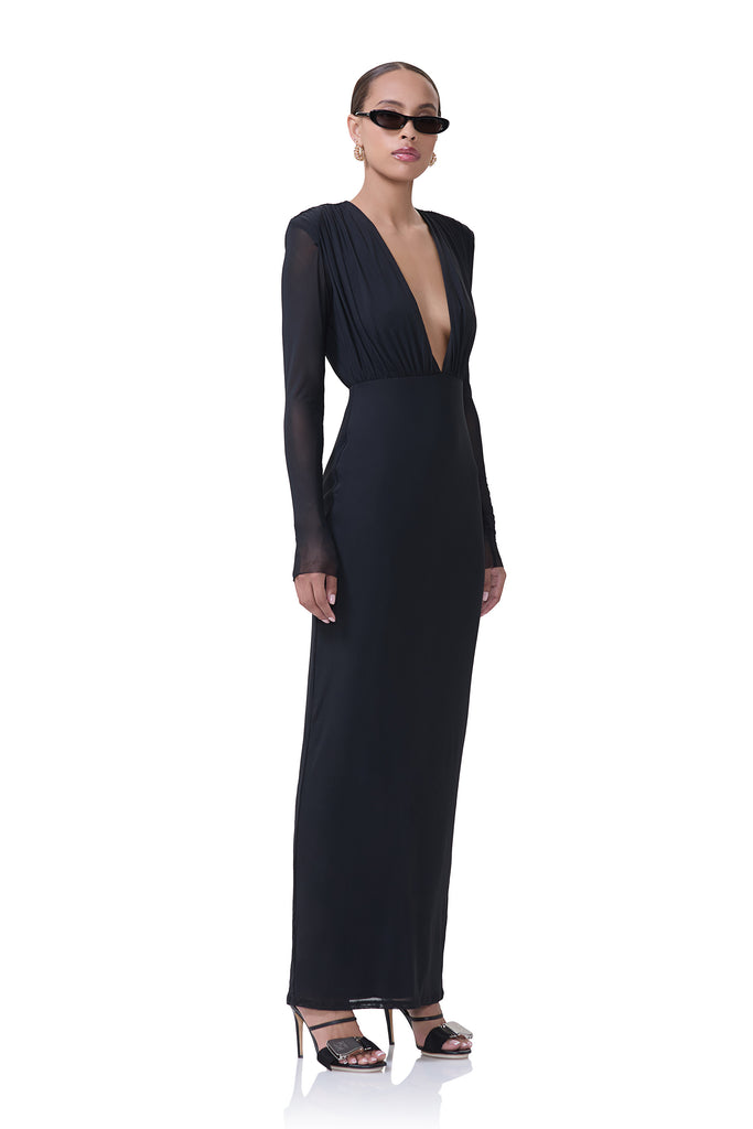 women's long sleeve dress with plunging neckline and built in shoulder pads in black