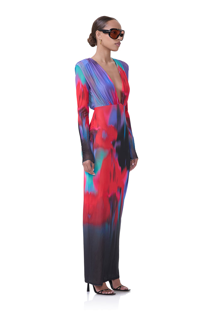 women's long sleeve dress with plunging neckline and built in shoulder pads in romantic fleur print