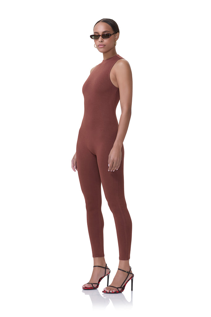 women's sleeveless jumpsuit with mockneck in cocoa