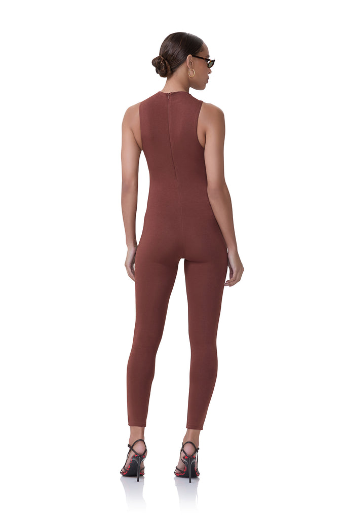 women's sleeveless jumpsuit with mockneck in cocoa