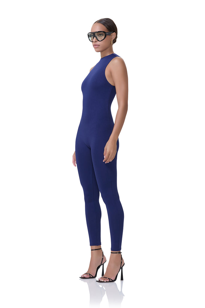 women's sleeveless bright navy jumpsuit with mockneck