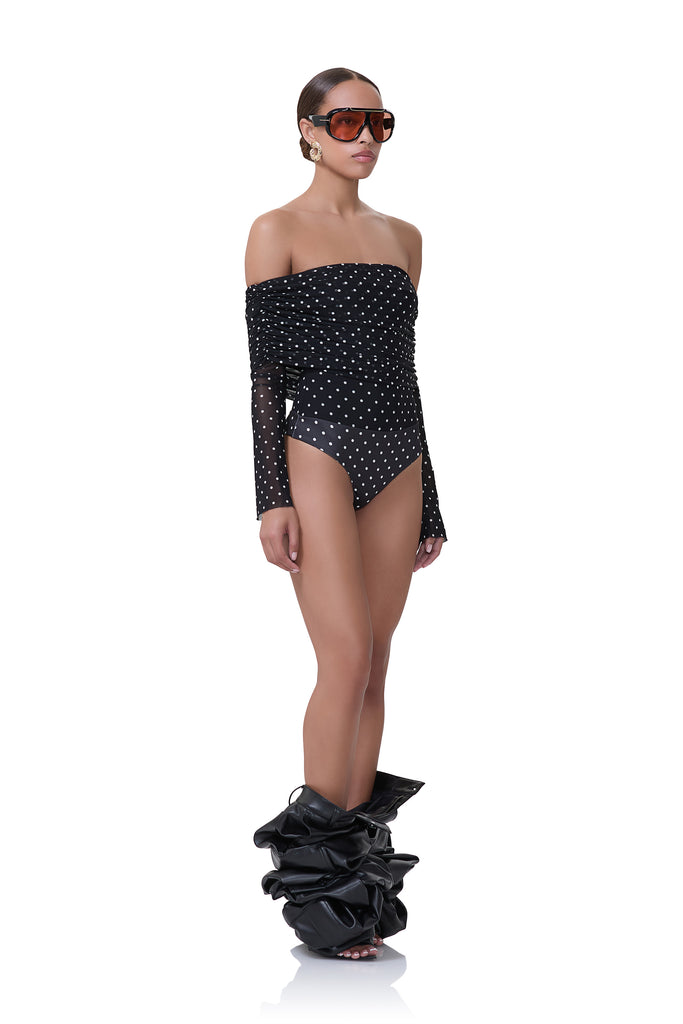 women's mesh long sleeve off the shoulder bodysuit in noir dot print