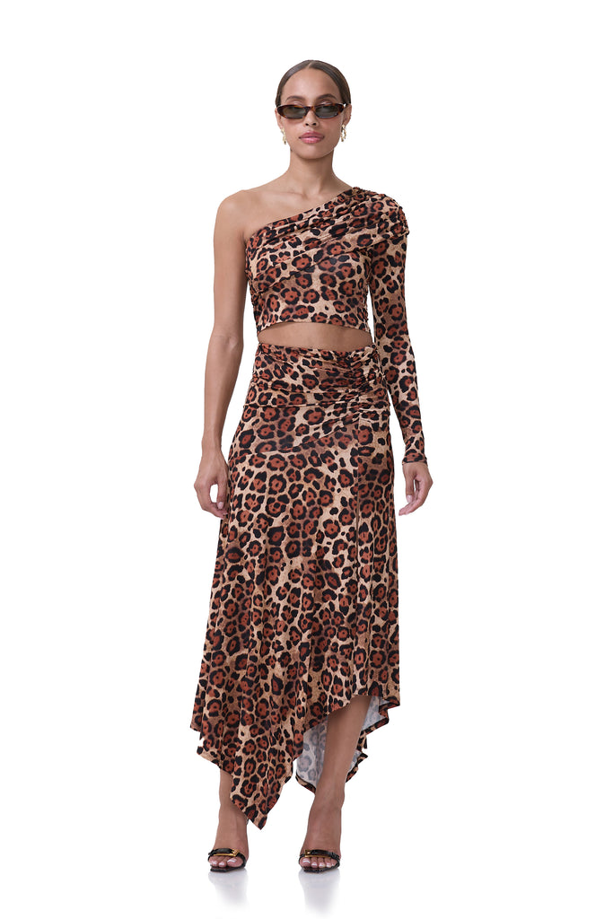 women's shiny knit mid rise skirt with high low asymmetrical hemline detail in cocoa leopard print