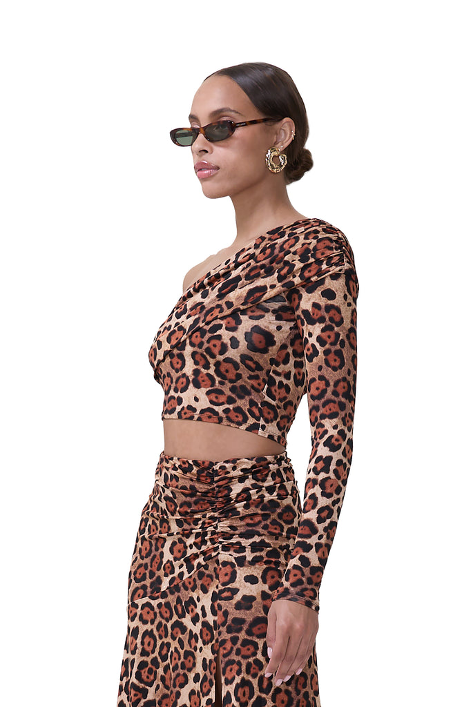 women's off the shoulder top with asymmetrical neckline in shiny knit fabrication in cocoa leopard print