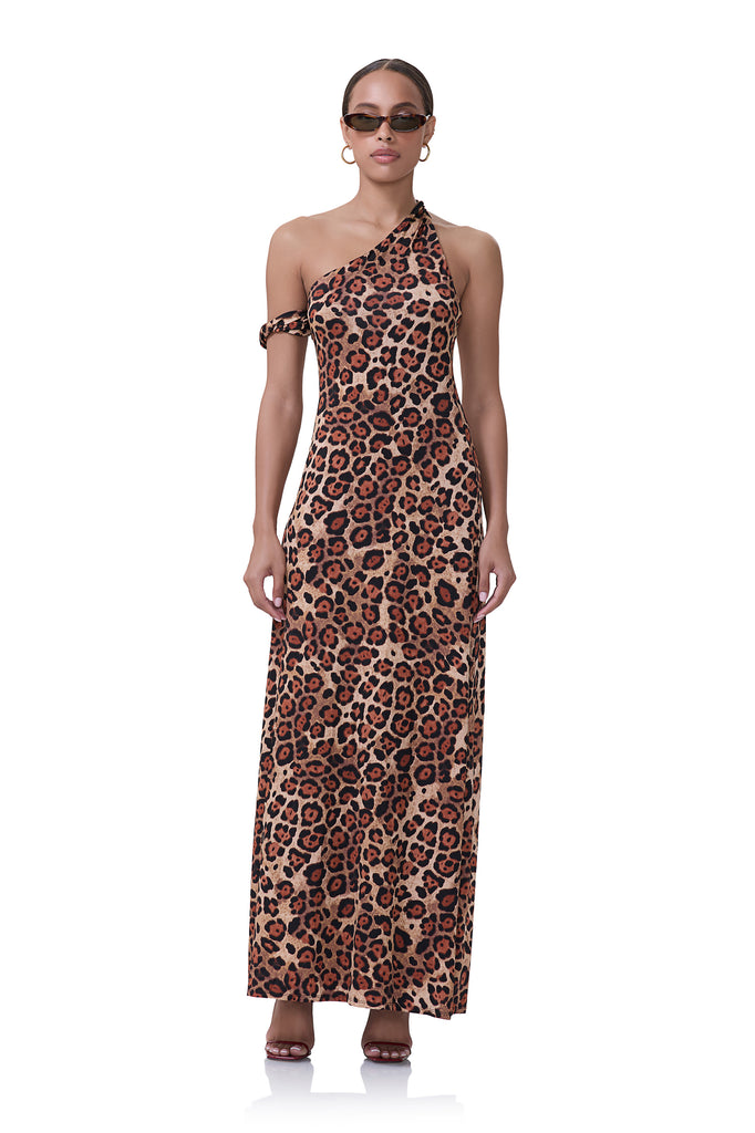 women's maxi dress with shoulder strap detail and open back in shiny knit fabrication and cocoa leopard print