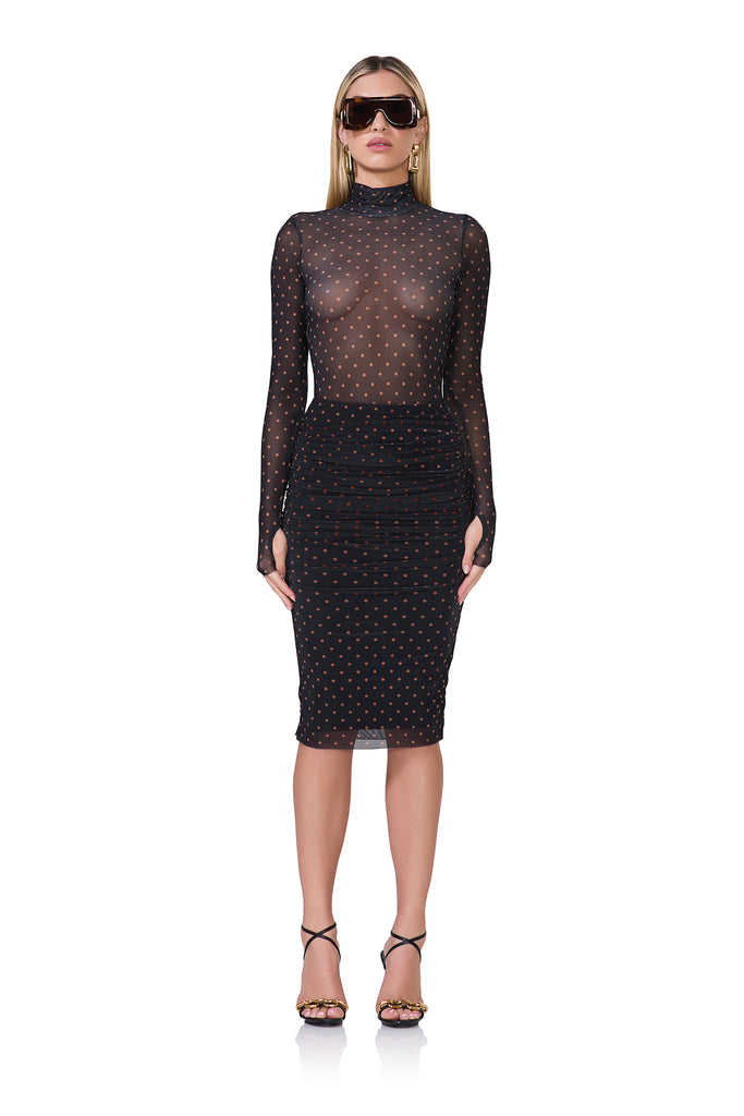 women's mesh knee length ruched skirt in sepia dot print