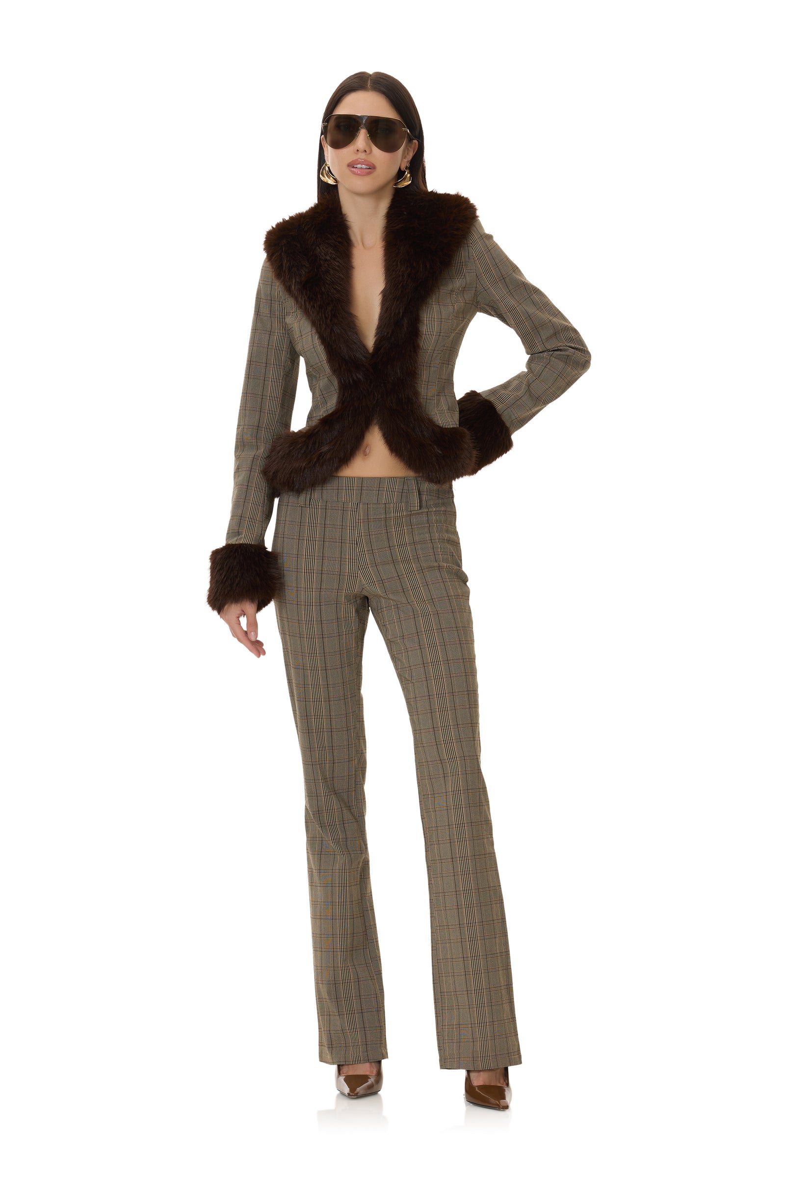 Clarra Fur Jacket - Brown Plaid - 54405537431922