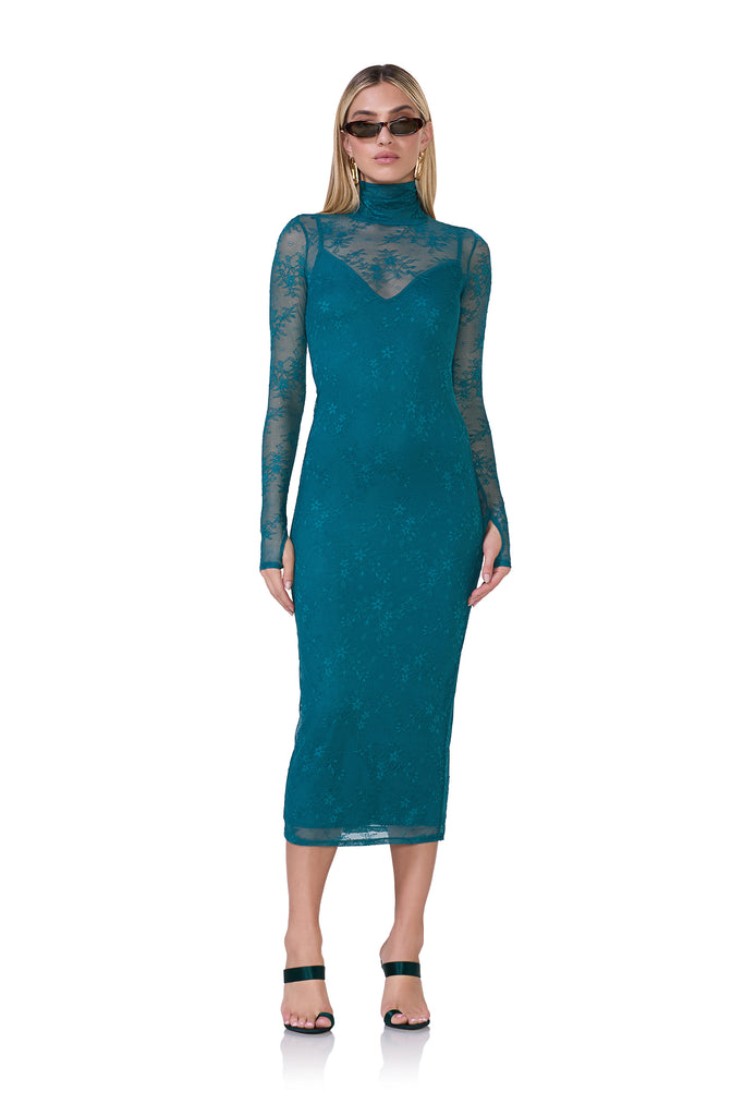 women's midi turtleneck fitted silhouette dress that includes a removable slip in delicate lace fabrication and spruce print