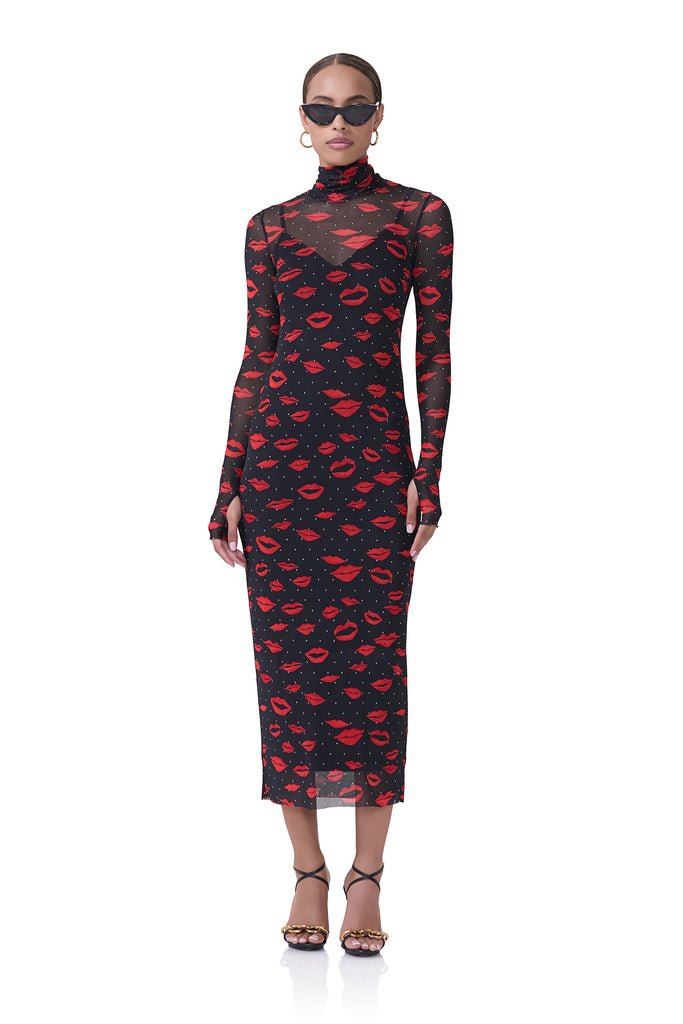 women's power mesh midi turtleneck fitted silhouette dress that includes a removable slip in rouge kiss print