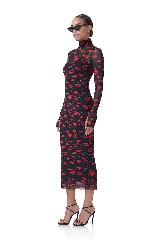 women's power mesh midi turtleneck fitted silhouette dress that includes a removable slip in rouge kiss print