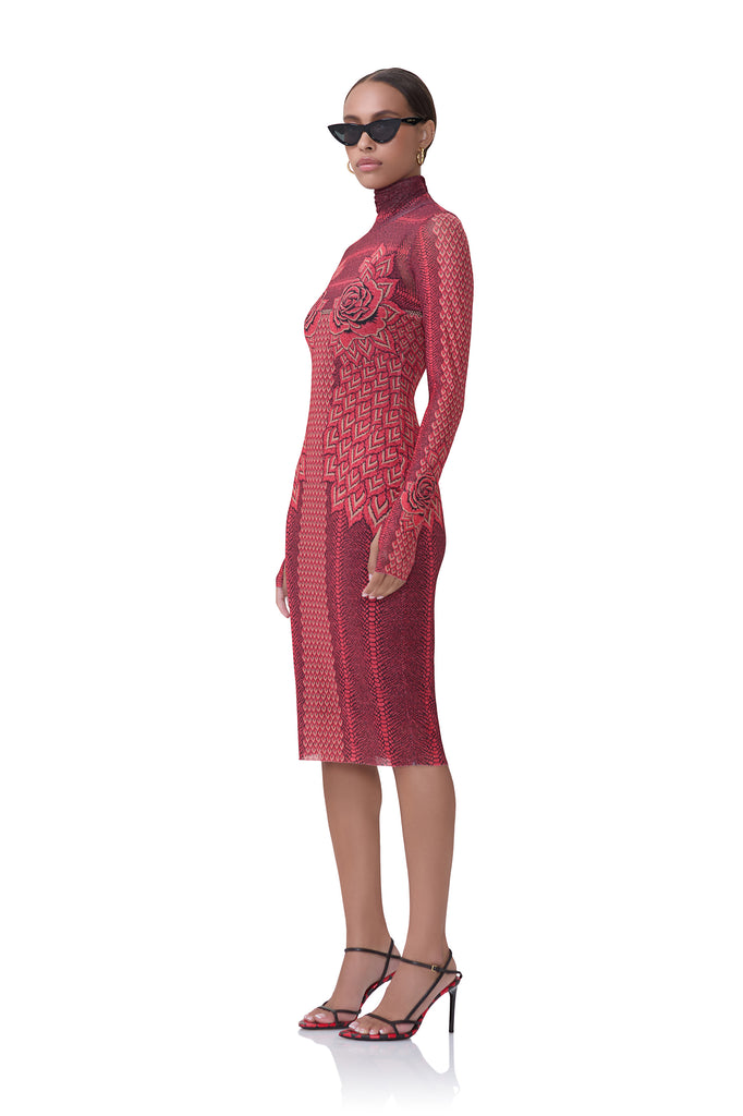 women's knee length power mesh turtleneck fitted silhouette dress that includes a removable slip in rouge guilded rose print