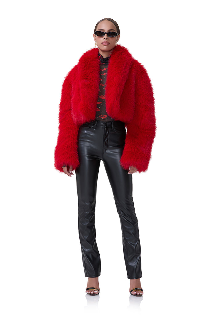 women's oversized fur jacket in barbados cherry 