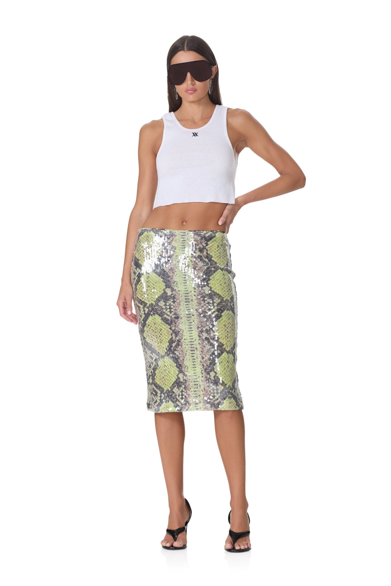 Adkins Sequin Skirt - Lime Snake - AFRM