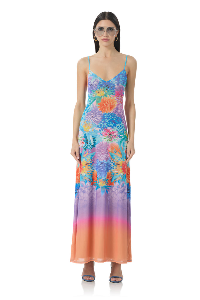 women's maxi two piece Illusion dress with removable long sleeve in neon botanical print