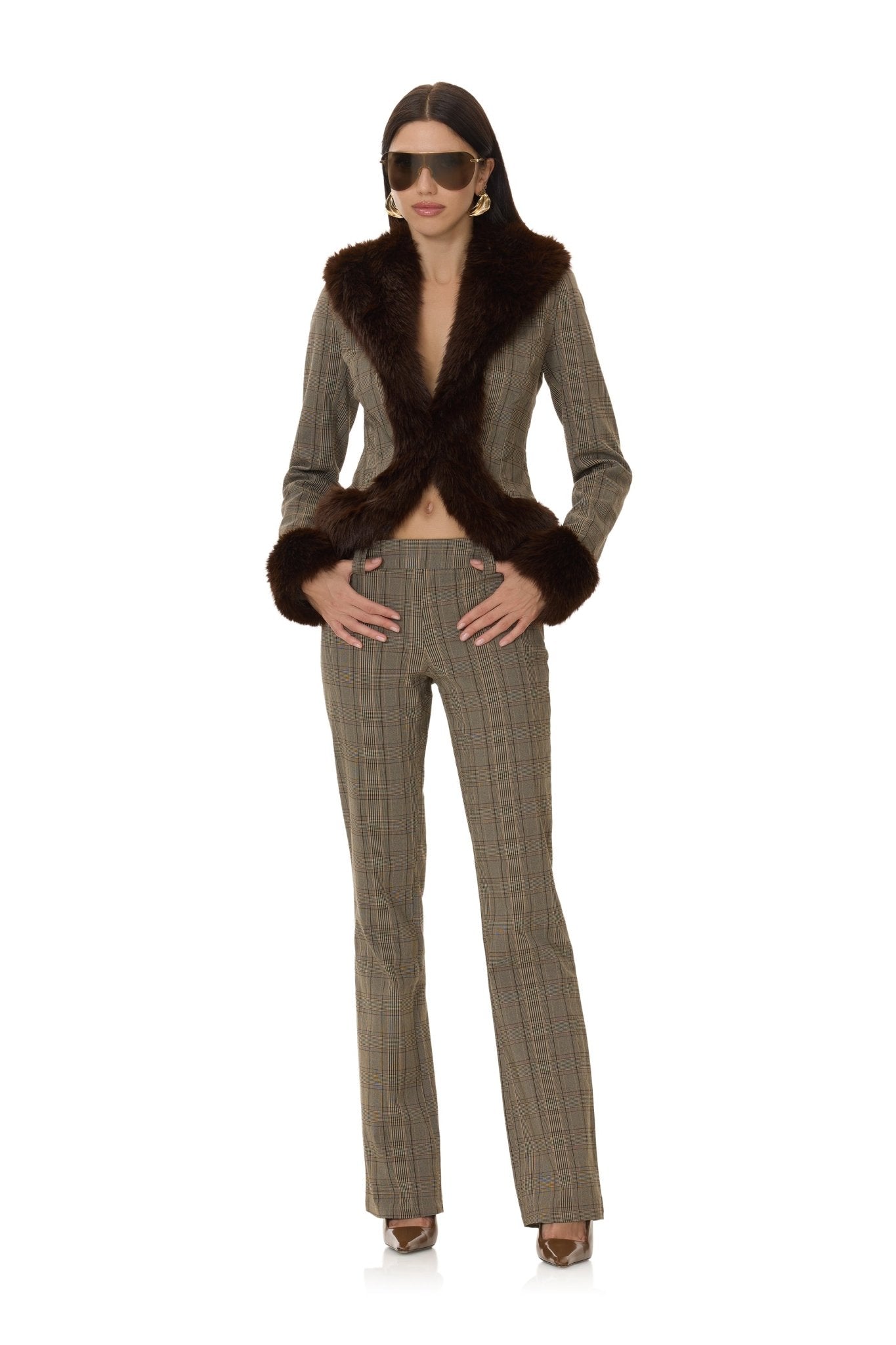 Lucci Flare Pant - Brown Plaid - AFRM