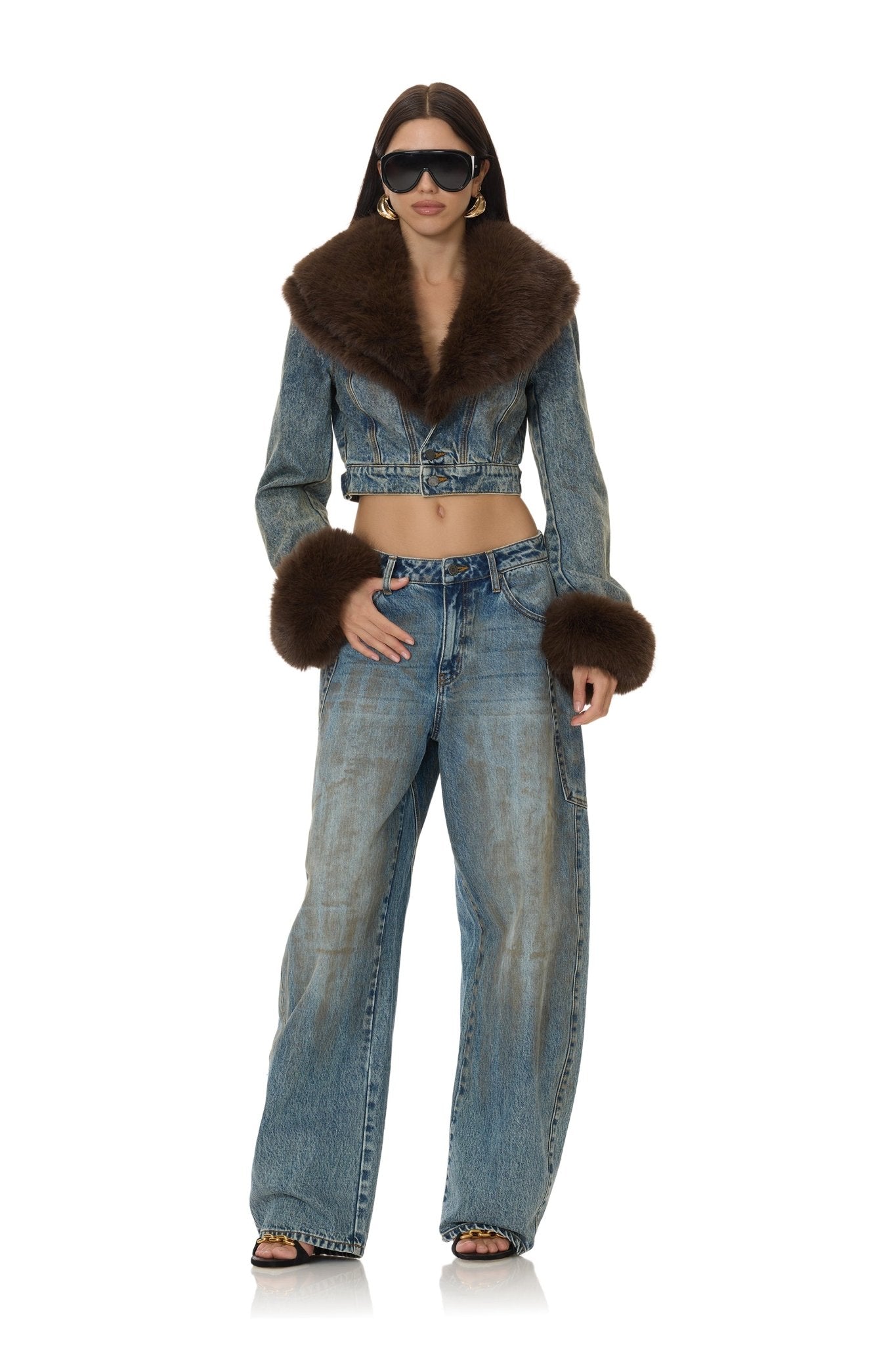 Margot Denim Fur Jacket - Dusty Tint Wash - AFRM