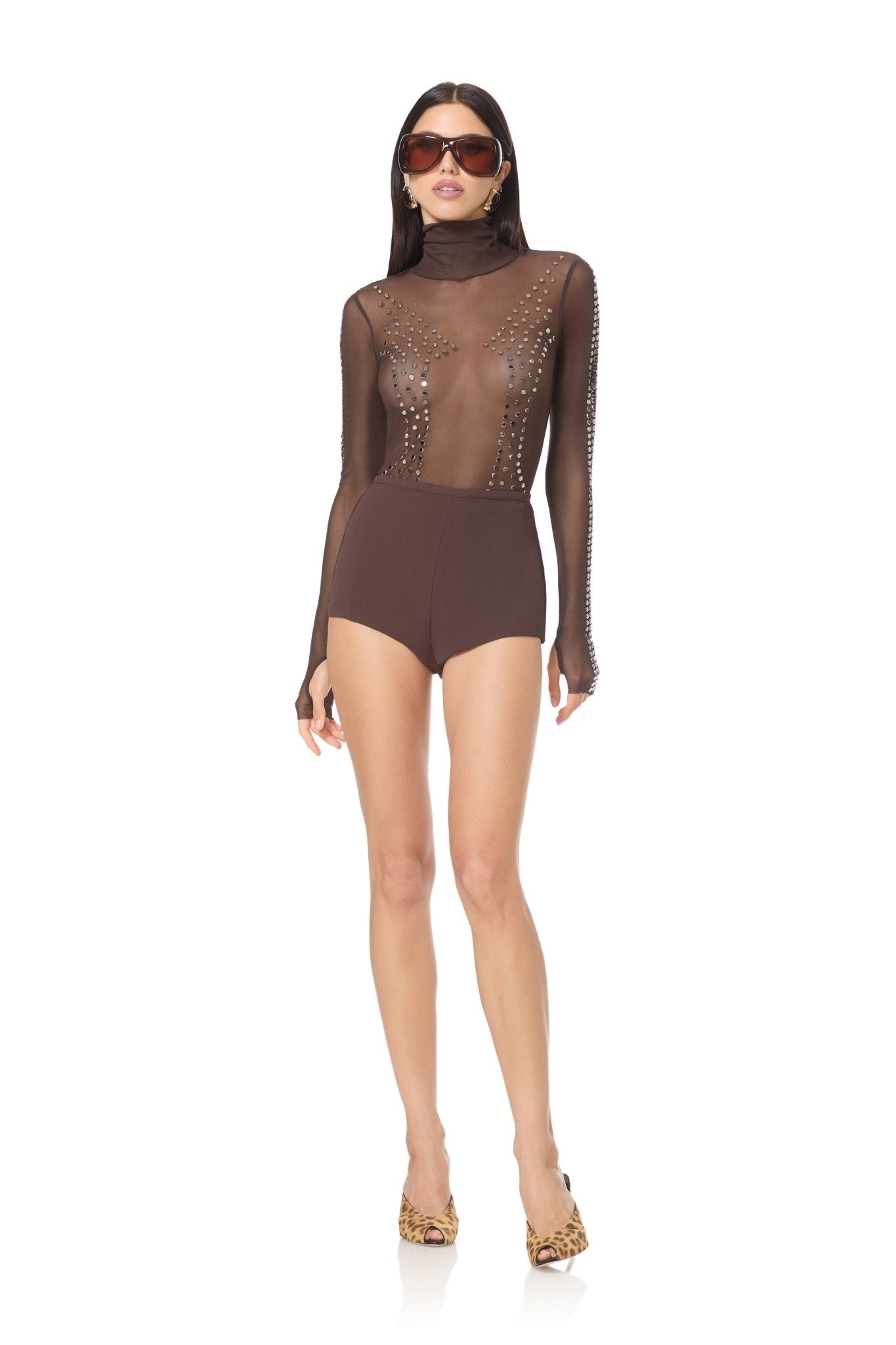 Zadie Studded Mesh Top - Espresso - AFRM